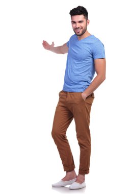 young casual man presenting something clipart
