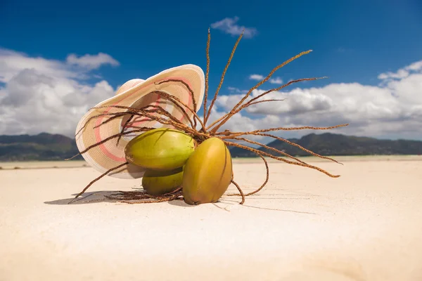 Шляпа над пучком орехов коко на пляже — стоковое фото