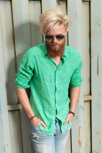 Portrait of a cool bearded man looking down — Stock Photo, Image