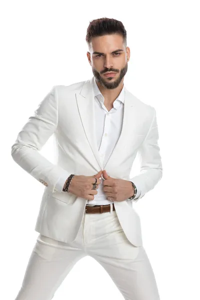 Cool Serious Businessman Holding His Jacket Looking Camera Attitude Fashion — Stock Photo, Image