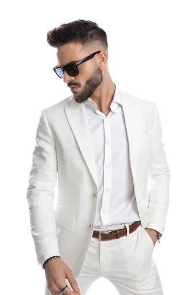 Young Handsome Businessman Posing One Hand Pocket Wearing Cool Sunglasses — Stock Photo, Image