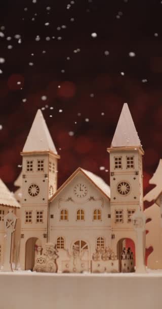 Carino Illustrazione Piccola Città Nevicando Cadendo Sopra Città Fronte Bokeh — Video Stock