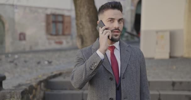 Pohledný Podnikatel Potěšen Telefonátem Který Obdržel Mrknutím Fotoaparát — Stock video