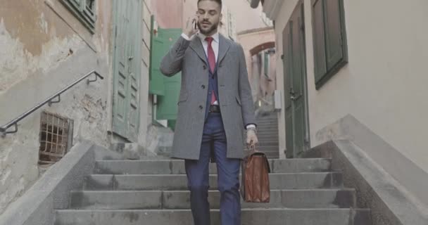Bearded Young Businessman Long Coat Suitcase Talking Phone Going Stairs — Stock Video