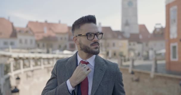 Elegante Bebaarde Zakenman Pak Met Aktetas Bril Aan Zijkant Stropdas — Stockvideo