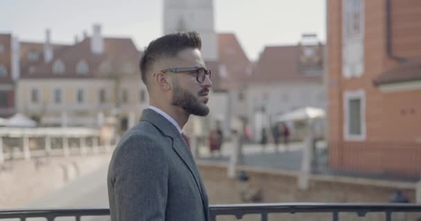 Seitenansicht Eines Bärtigen Jungen Geschäftsmannes Mit Brille Und Koffer Der — Stockvideo