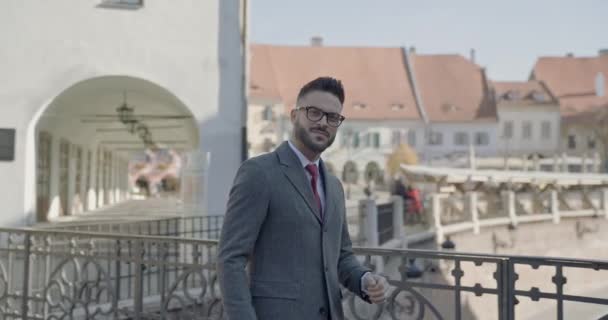 Щасливий Молодий Бізнесмен Окулярами Валізами Ходять Відвертаючись Довір Посміхаючись Сібіу — стокове відео