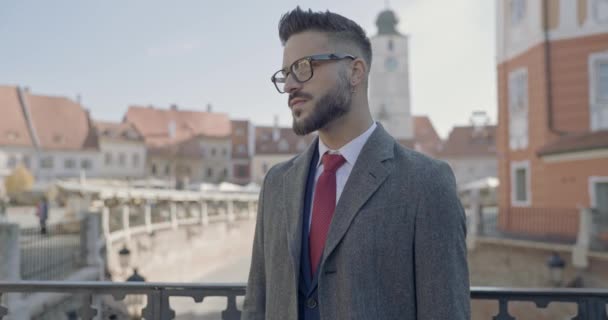 Nieogolony Biznesmen Garniturze Spoglądający Bok Naprawiający Okulary Stojąc Przed Średniowiecznym — Wideo stockowe