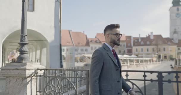 Side View Elegant Young Guy Suit Wearing Glasses Long Coat — Stock Video