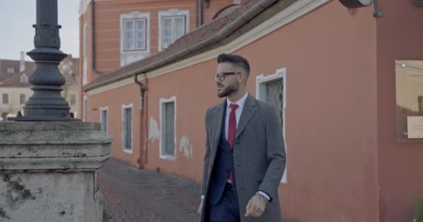 Atractivo Hombre Negocios Caminando Con Maletín Mano Fijación Sus Gafas — Vídeos de Stock