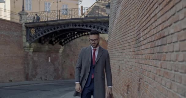 Seksowny Biznesmen Chodzący Ścianie Trzymający Walizkę Noszący Okulary — Wideo stockowe