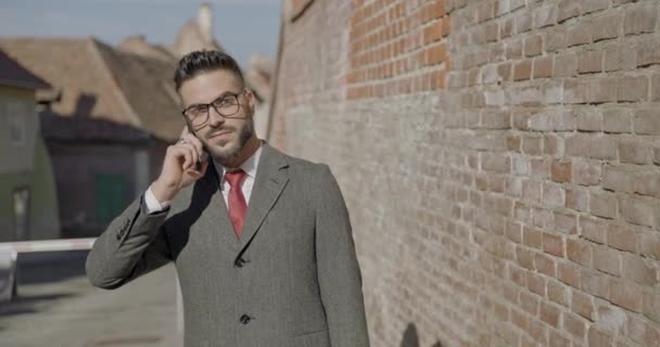 Happy Young Businessman Long Coat Glasses Talking Phone Smiling Making — Stock Video
