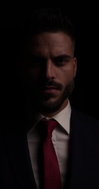 Yakışıklı, sakallı, şık takım elbiseli, gülümseyen, dokunaklı dudakları olan ve karanlıkta kaybolup giden yakışıklı bir adam.