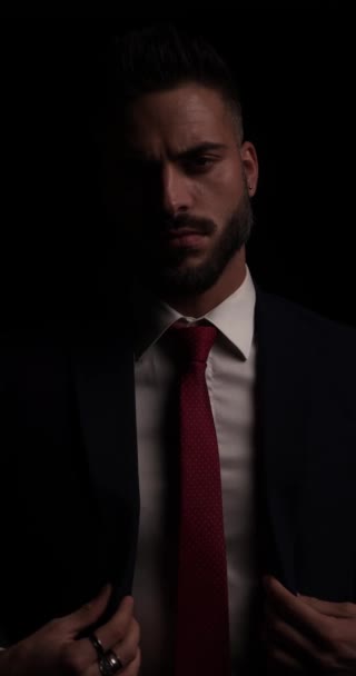 Sexy Young Businessman Beard Looking Side Arranging Closing Suit Touching — Stock Video