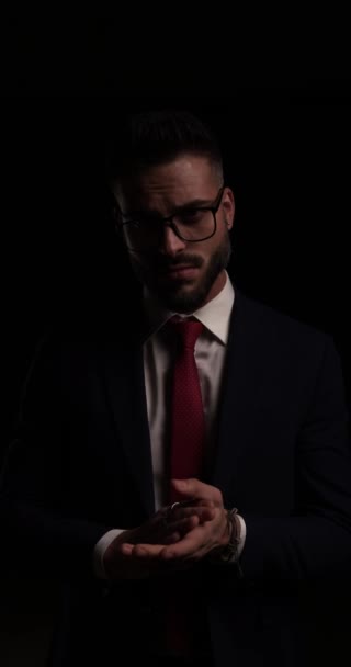 Sexy Young Businessman Touching Rubbing Palms Adjusting Glasses Suit Snapping — Stock Video