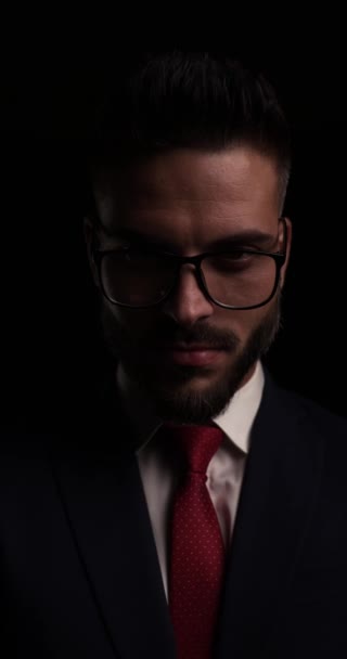 Sexy Elegant Man Suit Eyeglasses Sensually Touching Lips Making Silence — стоковое видео