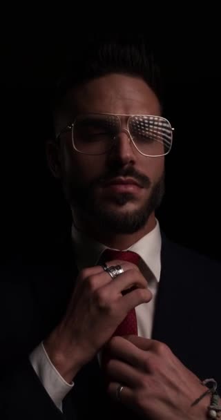 Attractive Young Guy Elegant Suit Metal Frame Eyeglasses Fixing Tie — Stock Video