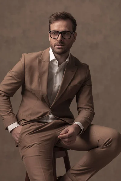 Sexy Businessman Holding One Hand Pocket Sitting Looking Away Fashion — Zdjęcie stockowe