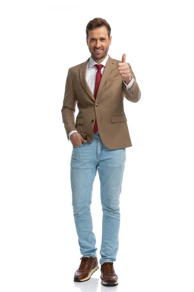 Handsome Businessman Giving Thumbs Holding One Hand Pocket Smiling Camera — Stock Photo, Image