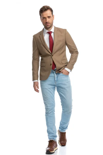 Young Sexy Businessman Walking Camera One Hand Pocket White Background — 图库照片