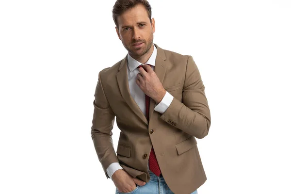 Young Handsome Businessman Fixing His Tie Holidng One Hand Pocket — Stock Photo, Image