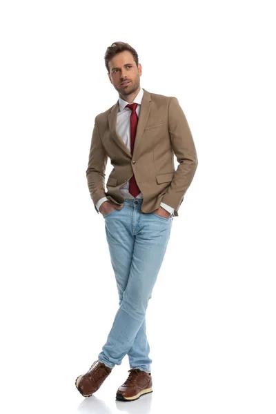 Sexy Businessman Posing His Legs Crossed His Hands Pockets White — Stock Photo, Image