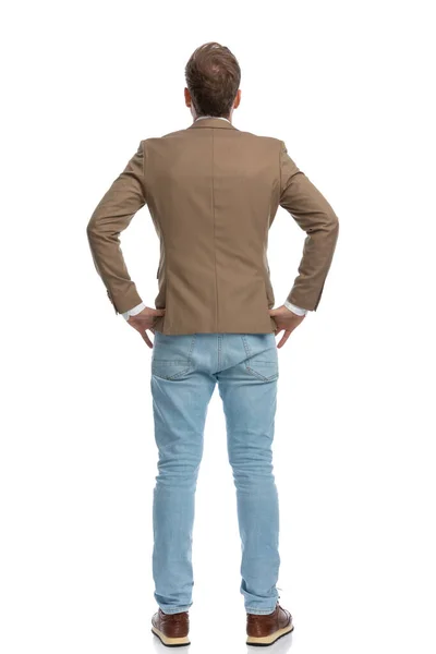 Rear View Businessman Holding His Hands His Waist Posing White — Stock Photo, Image