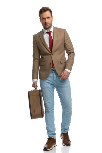 Young Sexy Businessman Posing Attitude Holding Briefcase White Background — 图库照片