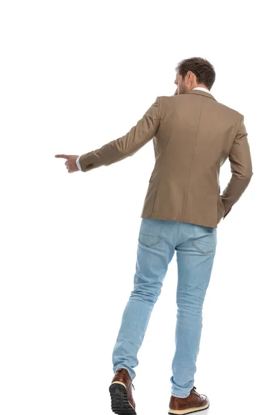Rear View Businessman Walking One Way Pointing Way White Background — 스톡 사진