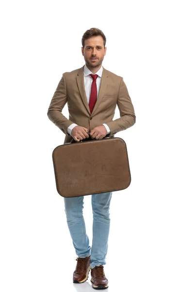 Handsome Businessman Posing White Background His Briefcase Hands — Stockfoto