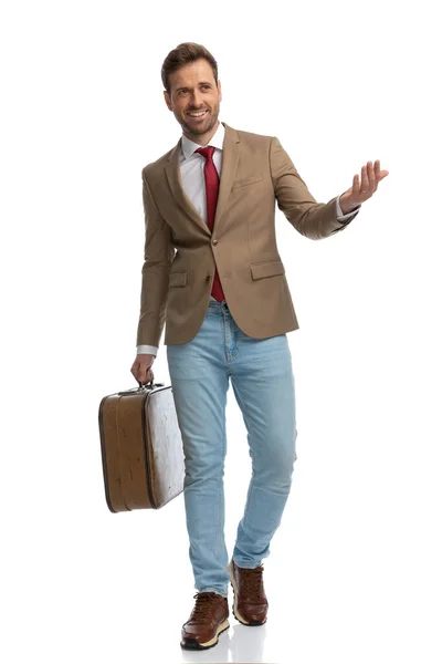 Smart Casual Man Greeting Open Arms Smiling Holding Briefcase White — Stok fotoğraf