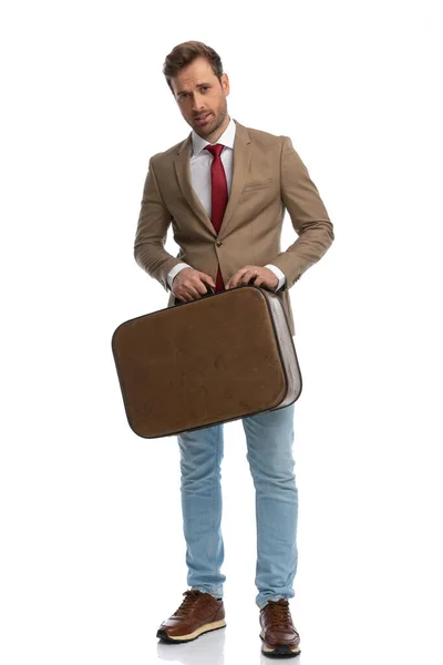 Sexy Businessman Posing His Briefcase Hands White Studio Background — Stockfoto
