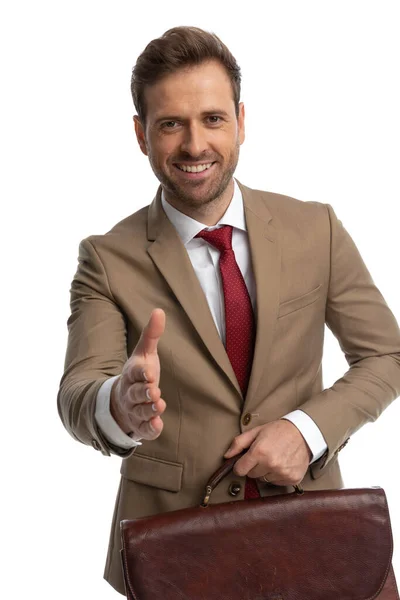 Handsome Businessman Glad Meet Ready Shake Hands While Holding His — Stock fotografie