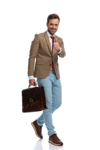 Happy Businessman Walking Giving While Holding His Briefcase White Background — Stockfoto