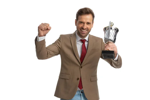 Excited Businessman Celebrating Success His Cup Air Smile His Face — Stockfoto