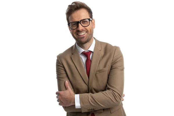 Sexy Businessman Crossing His Arms Smiling Camera Wearing Eyeglasses White — Foto Stock