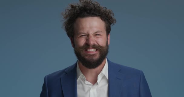 Handsome Bearded Businessman Having Fun Studio Making Faces Being Crazy — стоковое видео