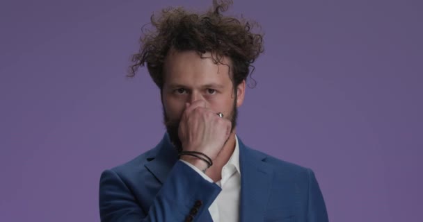 Curly Hair Man Holding Breath Making Funny Faces Having Fun — Wideo stockowe