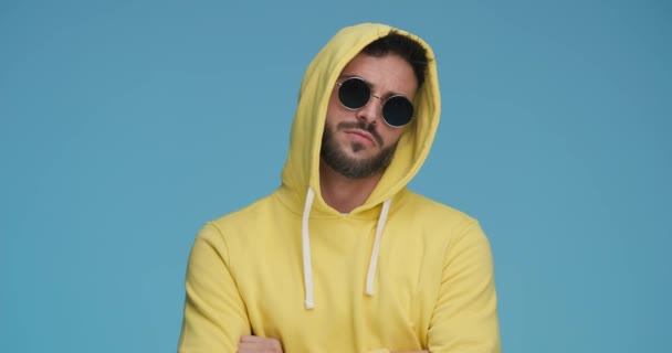Tough Casual Man Crossing His Arms Wearing Sunglasses His Hood — Stock video