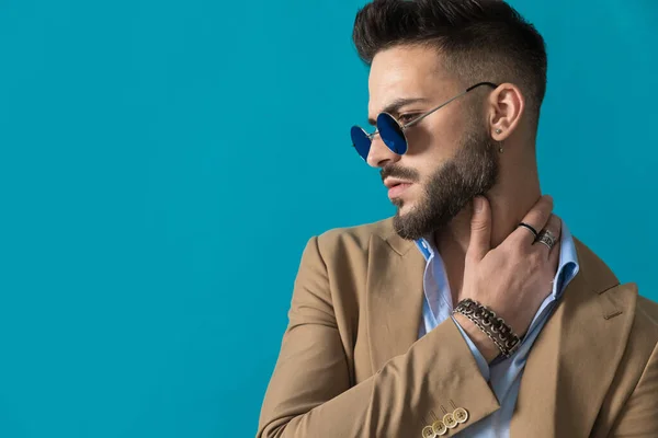 Side View Sexy Young Mean Beard Wearing Retro Sunglasses Holding — Stock Photo, Image