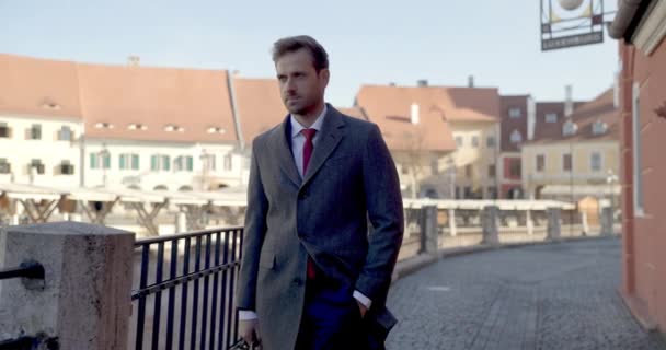 Szexi Elegáns Üzletember Öltönyben Hosszú Kabátot Visel Gazdaság Bőrönd Látszó — Stock videók