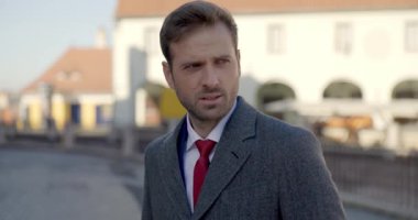 Zarif takım elbiseli düşünceli genç işadamı Transilvanya 'dan Sibiu şehrini düşünüyor ve hayranlık duyuyor.