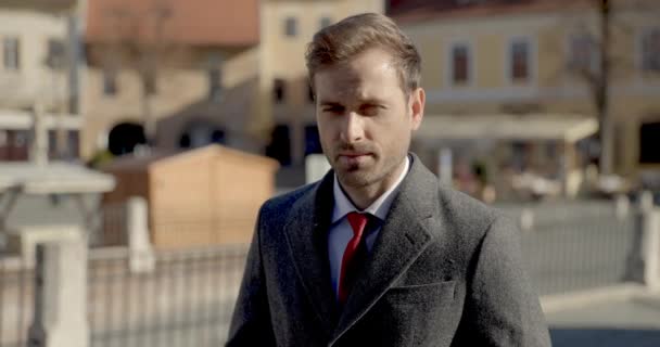 Zblízka Pohledný Muž Elegantním Obleku Dlouhým Kabátem Stojící Před Středověkým — Stock video