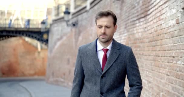 Sexy Young Man Elegant Outfit Looking Away Smiling Walking Front — Stock Video