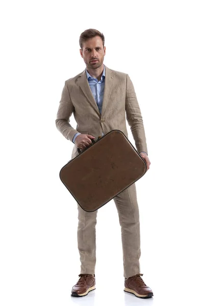 Attractive Businessman Holding Briefcase Posing White Background — Stock Photo, Image