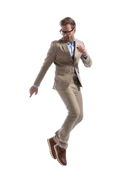 Attractive Businessman Turning Back Pointing Wearing Eyeglasses White Background — Stock Photo, Image