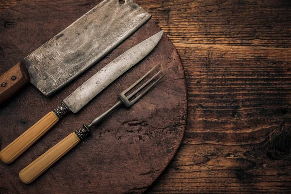 Old Cleaver Knife Fork Ready Cook Prepare Some Meat Top — Stock Photo, Image