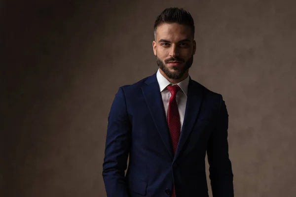 Νεαρός Όμορφος Επιχειρηματίας Φοράει Ναυτικό Κοστούμι Κόκκινη Γραβάτα Και Ποζάρει — Φωτογραφία Αρχείου
