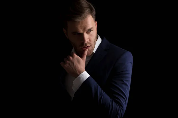 Portrait Seductive Young Man Suit Fashion Light Holding Finger Lips — Stock Photo, Image