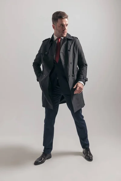 Sexy Fashion Businessman Elegant Suit Holding Hand Pocket Looking Side — Stock Photo, Image